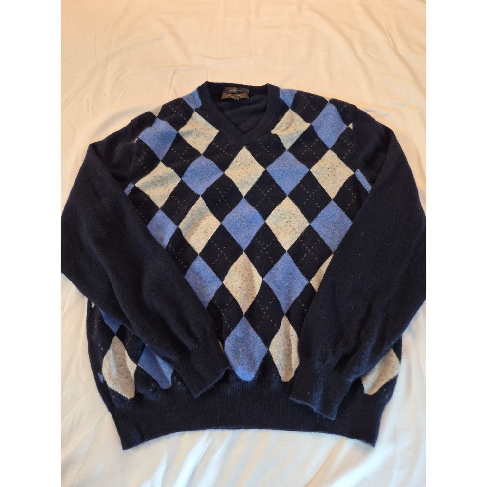 Tasso Elba Mens 100% Cashmere Argyle‎ V-Neck Sweater Navy Grey Large Preppy - Picture 7 of 9
